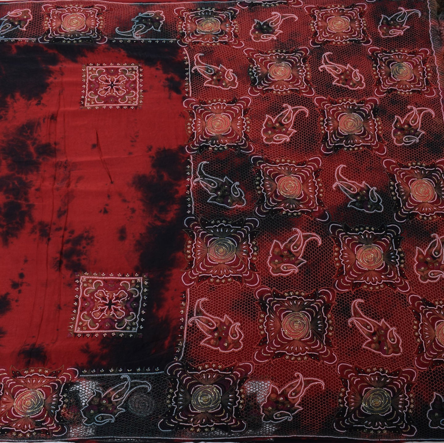 Sushila Vintage Maroon Tie-Dye Saree Pure Satin Hand Beaded HEAVY Sari Fabric