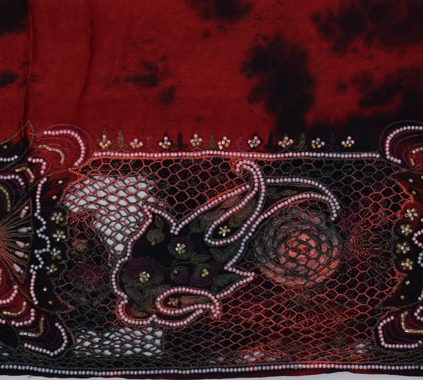 Sushila Vintage Maroon Tie-Dye Saree Pure Satin Hand Beaded HEAVY Sari Fabric