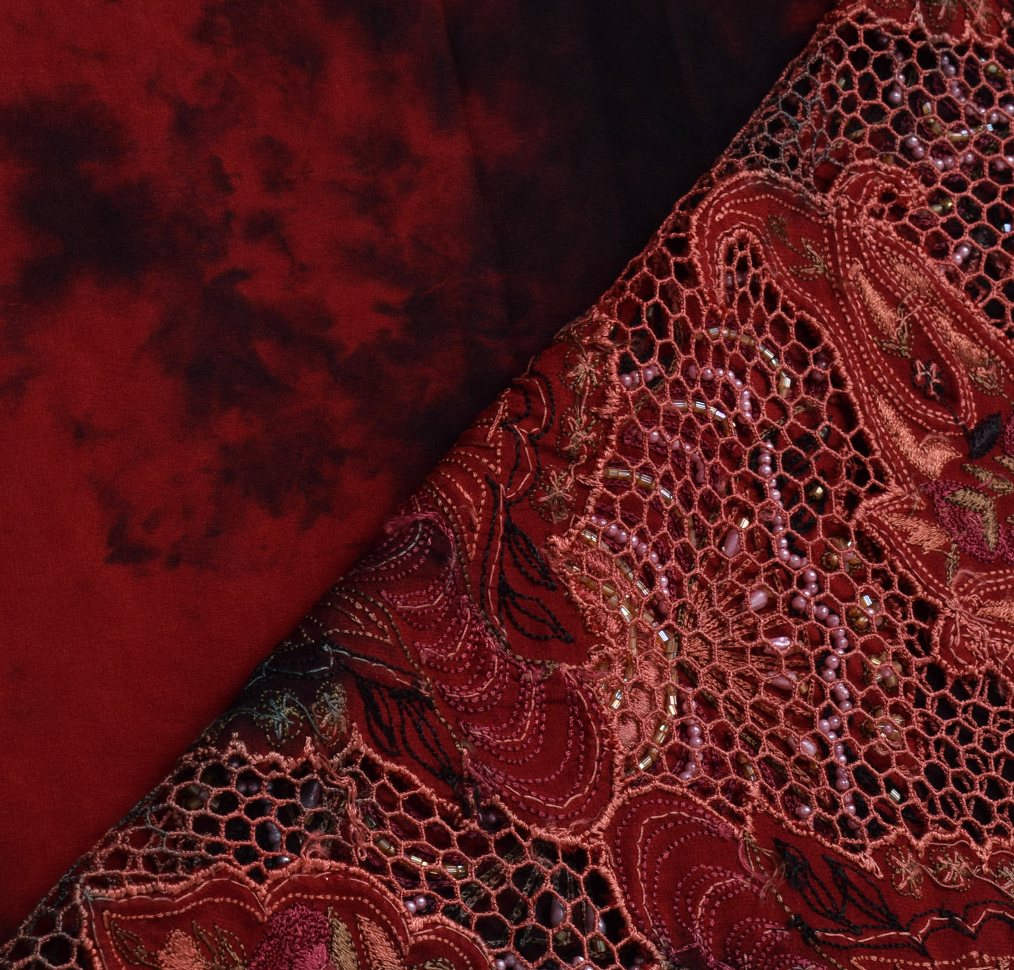Sushila Vintage Maroon Tie-Dye Saree Pure Satin Hand Beaded HEAVY Sari Fabric