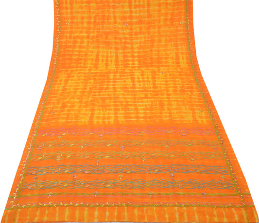 Sushila Vintage Yellow TieDye Saree Blend Georgette Hand Embroidered Sari Fabric