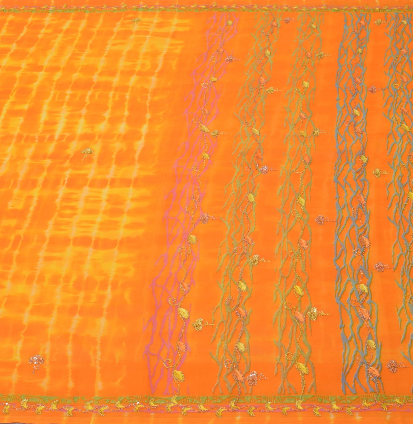 Sushila Vintage Yellow TieDye Saree Blend Georgette Hand Embroidered Sari Fabric