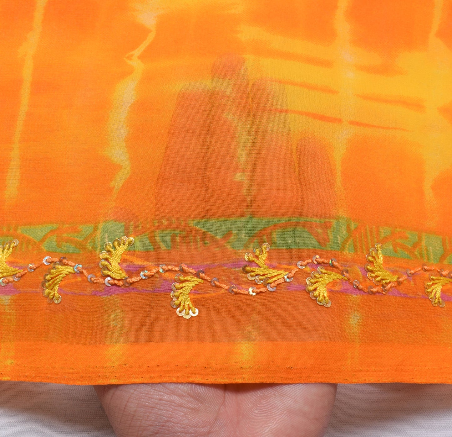 Sushila Vintage Yellow TieDye Saree Blend Georgette Hand Embroidered Sari Fabric