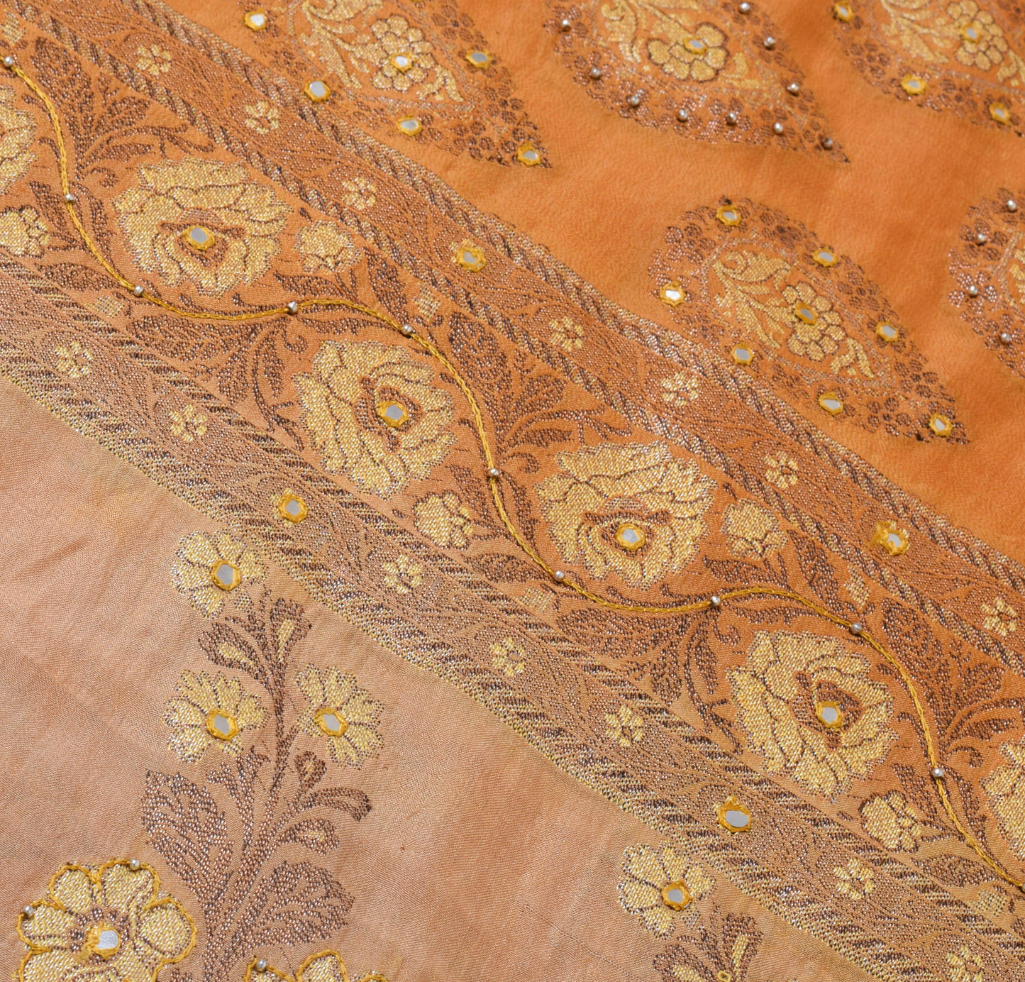 Sushila Vintage Mustard Saree 100% Pure Silk All Over Woven Floral Sari Fabric