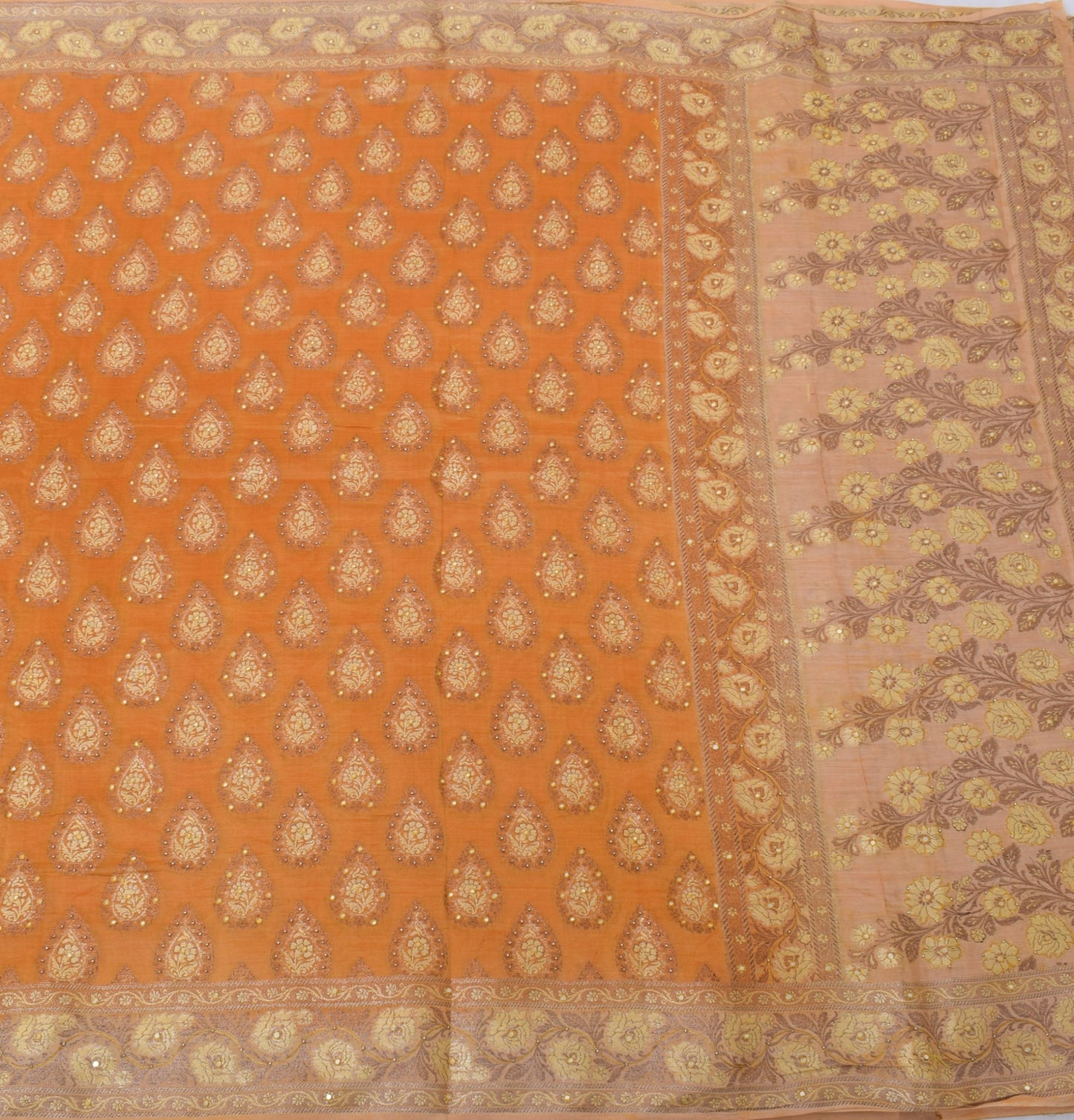 Sushila Vintage Mustard Saree 100% Pure Silk All Over Woven Floral Sari Fabric