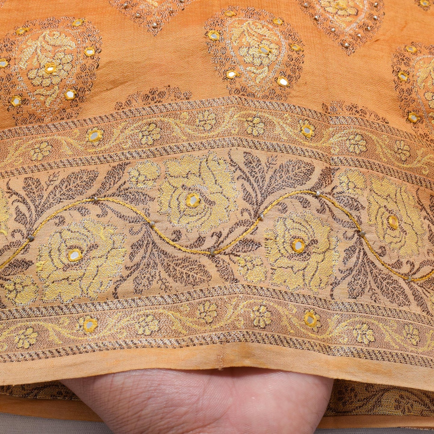 Sushila Vintage Mustard Saree 100% Pure Silk All Over Woven Floral Sari Fabric