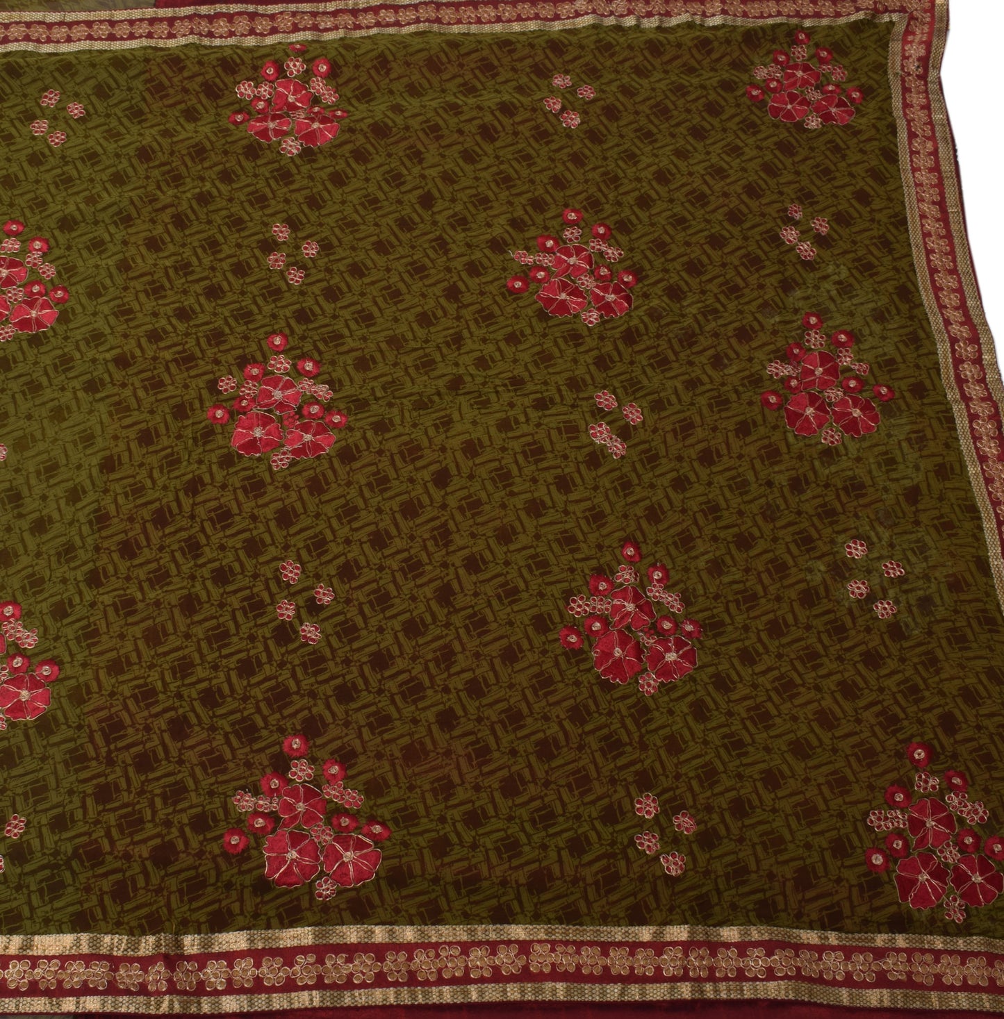 Sushila Vintage Green Saree Pure Georgette Silk Embroidered Floral Sari Fabric