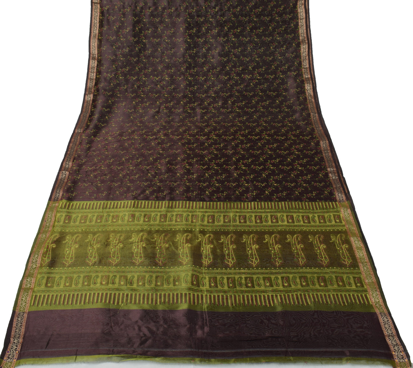 Sushila Vintage Brown Saree Pure Silk Printed Floral Indian 5 Yard Sari Fabric