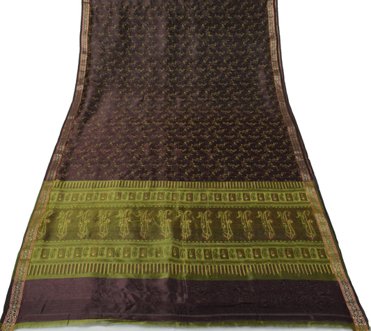Sushila Vintage Brown Saree Pure Silk Printed Floral Indian 5 Yard Sari Fabric