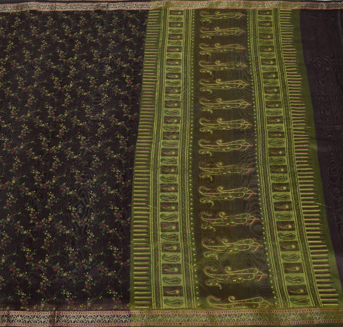 Sushila Vintage Brown Saree Pure Silk Printed Floral Indian 5 Yard Sari Fabric