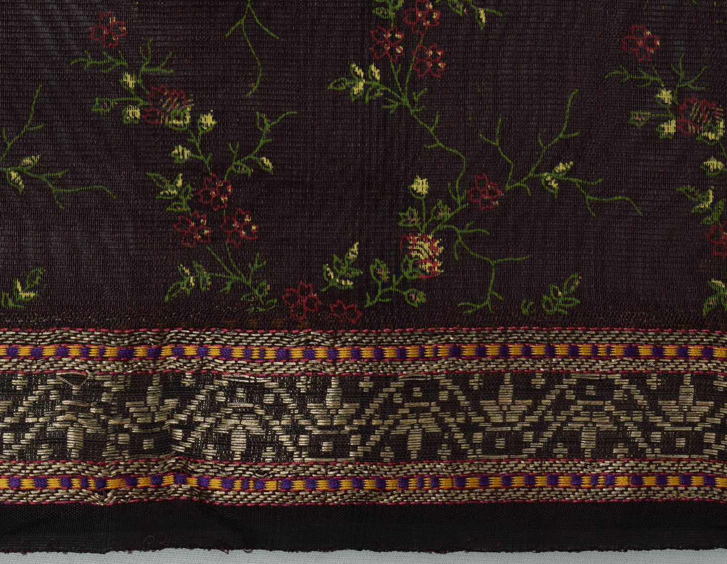 Sushila Vintage Brown Saree Pure Silk Printed Floral Indian 5 Yard Sari Fabric