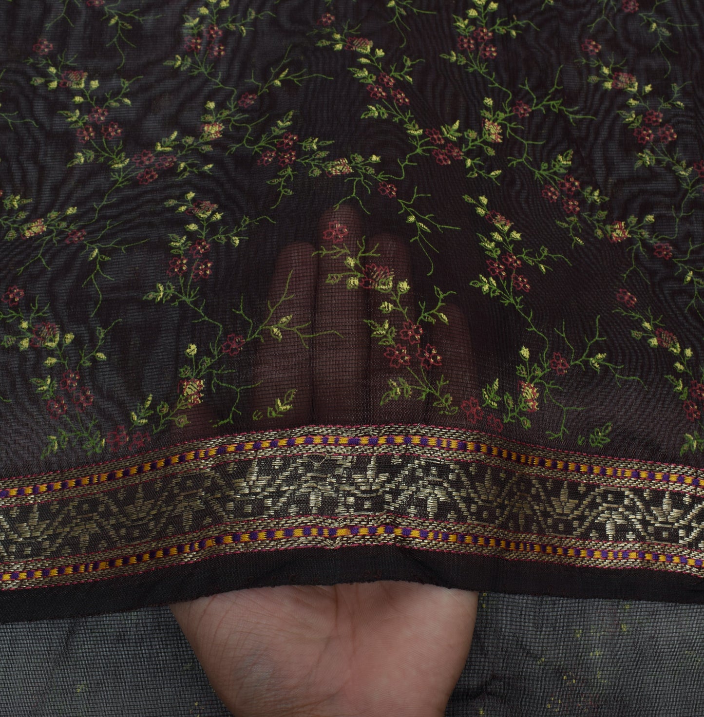 Sushila Vintage Brown Saree Pure Silk Printed Floral Indian 5 Yard Sari Fabric