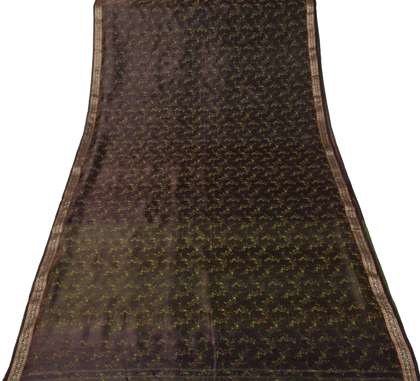 Sushila Vintage Brown Saree Pure Silk Printed Floral Indian 5 Yard Sari Fabric