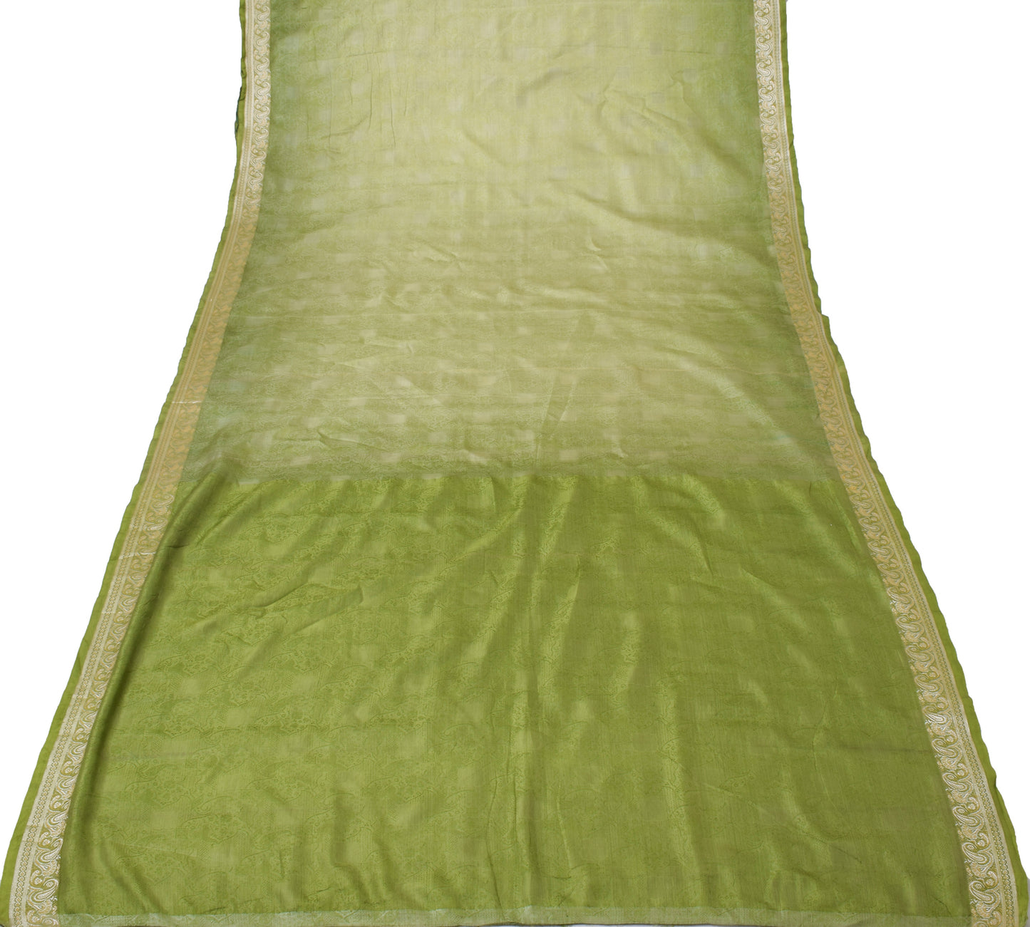 Sushila Vintage Green Sari Pure Silk Self Woven Floral Indian 5 Yard Sari Fabric