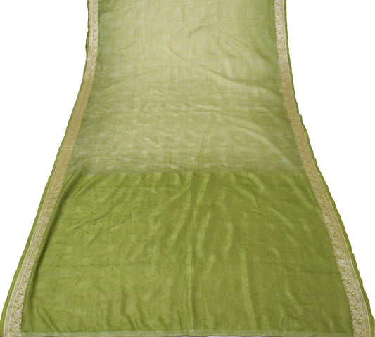 Sushila Vintage Green Sari Pure Silk Self Woven Floral Indian 5 Yard Sari Fabric