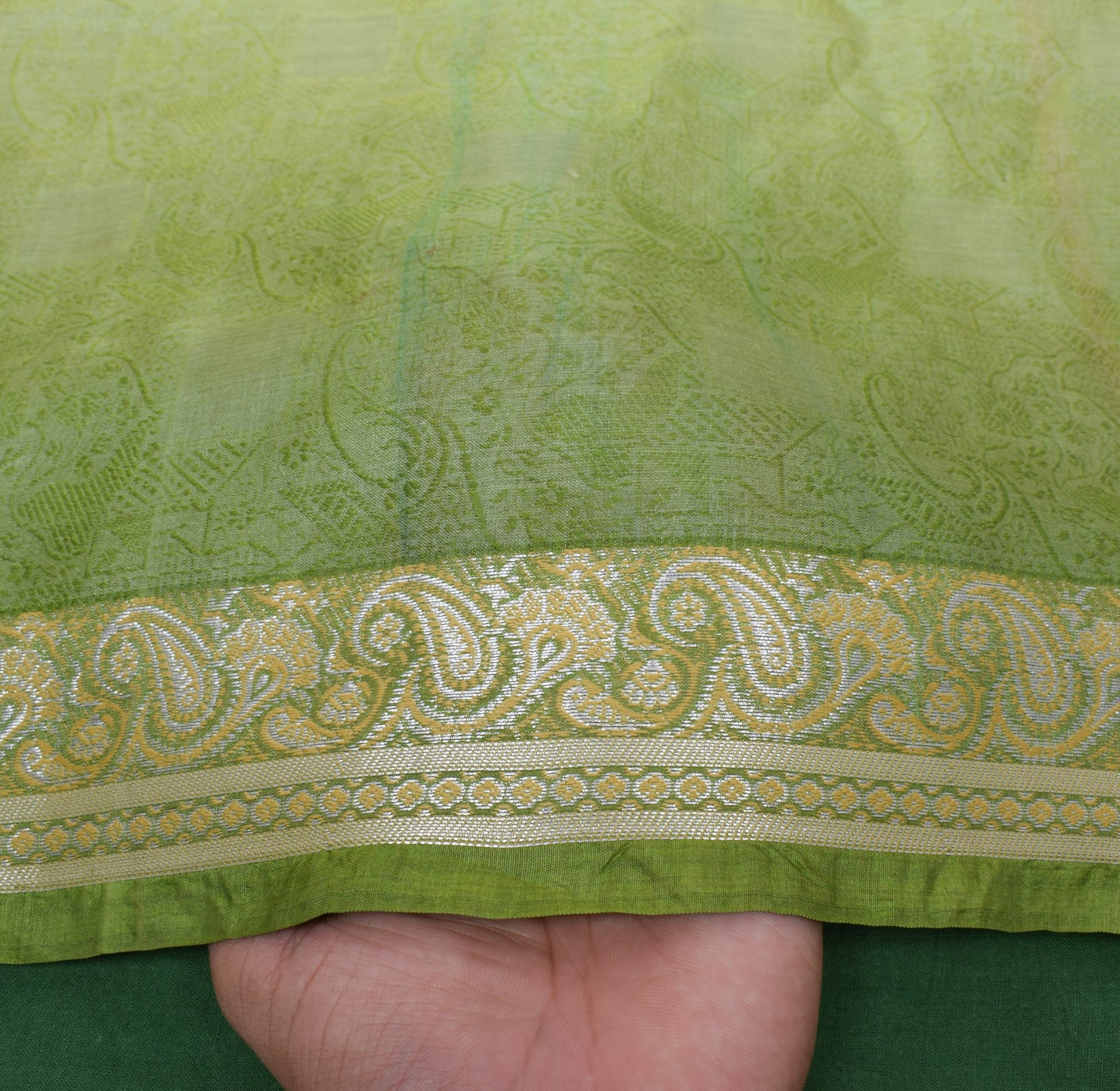 Sushila Vintage Green Sari Pure Silk Self Woven Floral Indian 5 Yard Sari Fabric