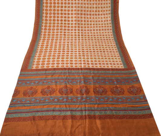 Sushila Vintage Cream Saree 100% Pure Silk Printed Hand Embroidered Sari Fabric