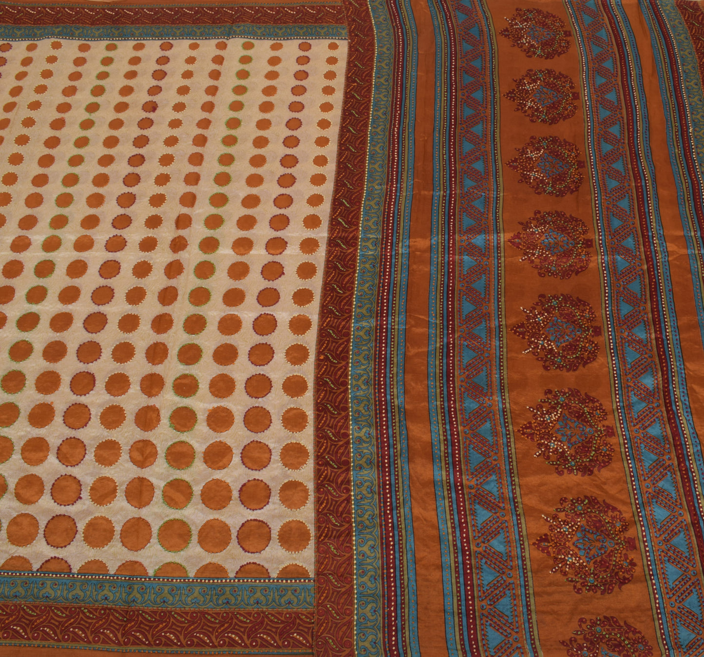 Sushila Vintage Cream Saree 100% Pure Silk Printed Hand Embroidered Sari Fabric