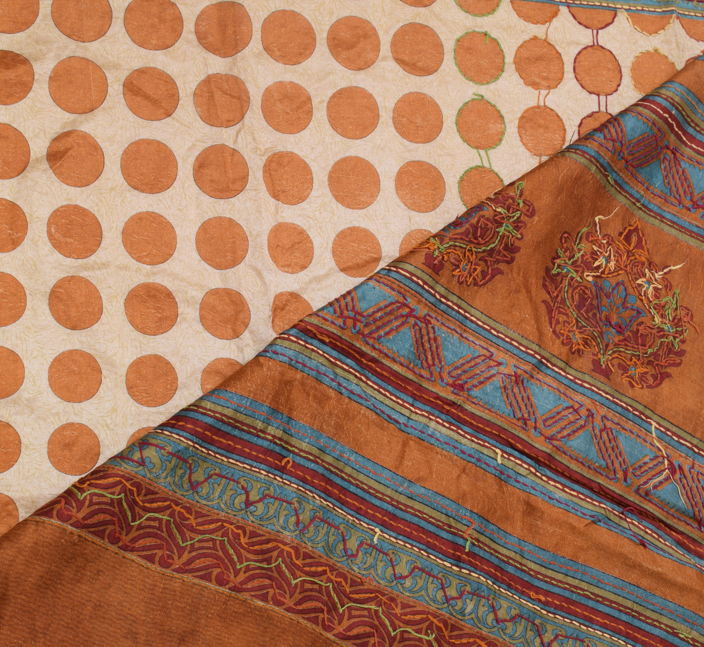 Sushila Vintage Cream Saree 100% Pure Silk Printed Hand Embroidered Sari Fabric