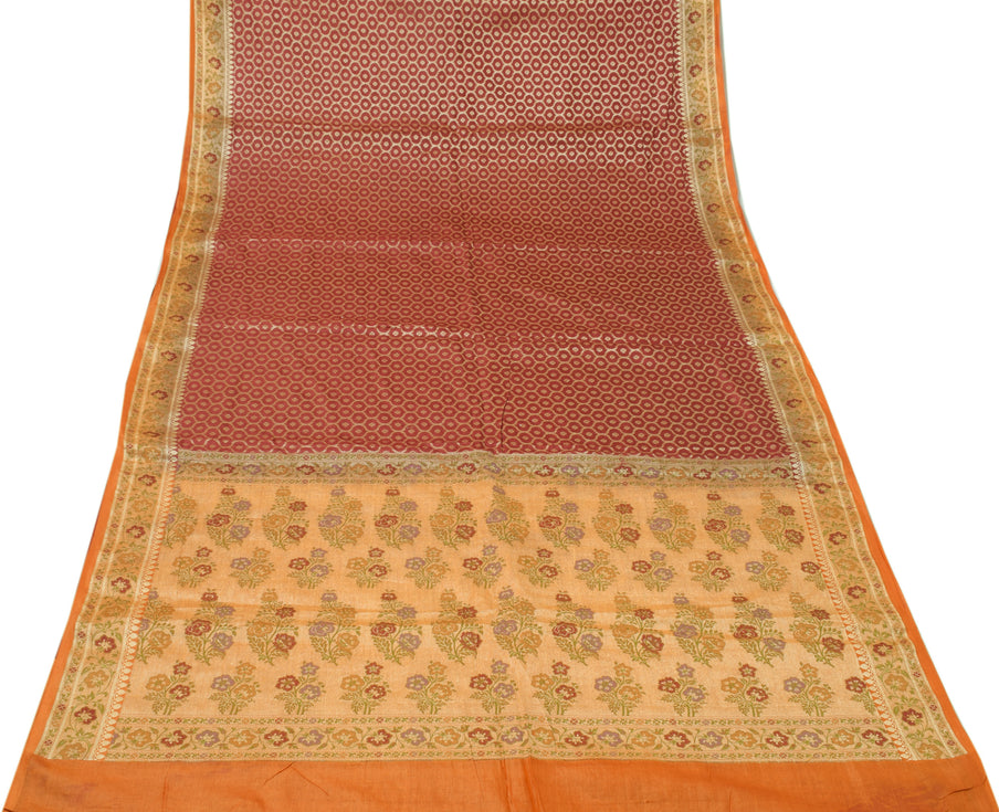 Sushila Vintage Maroon Saree 100% Pure Silk All Over Weaving Floral Sari Fabric
