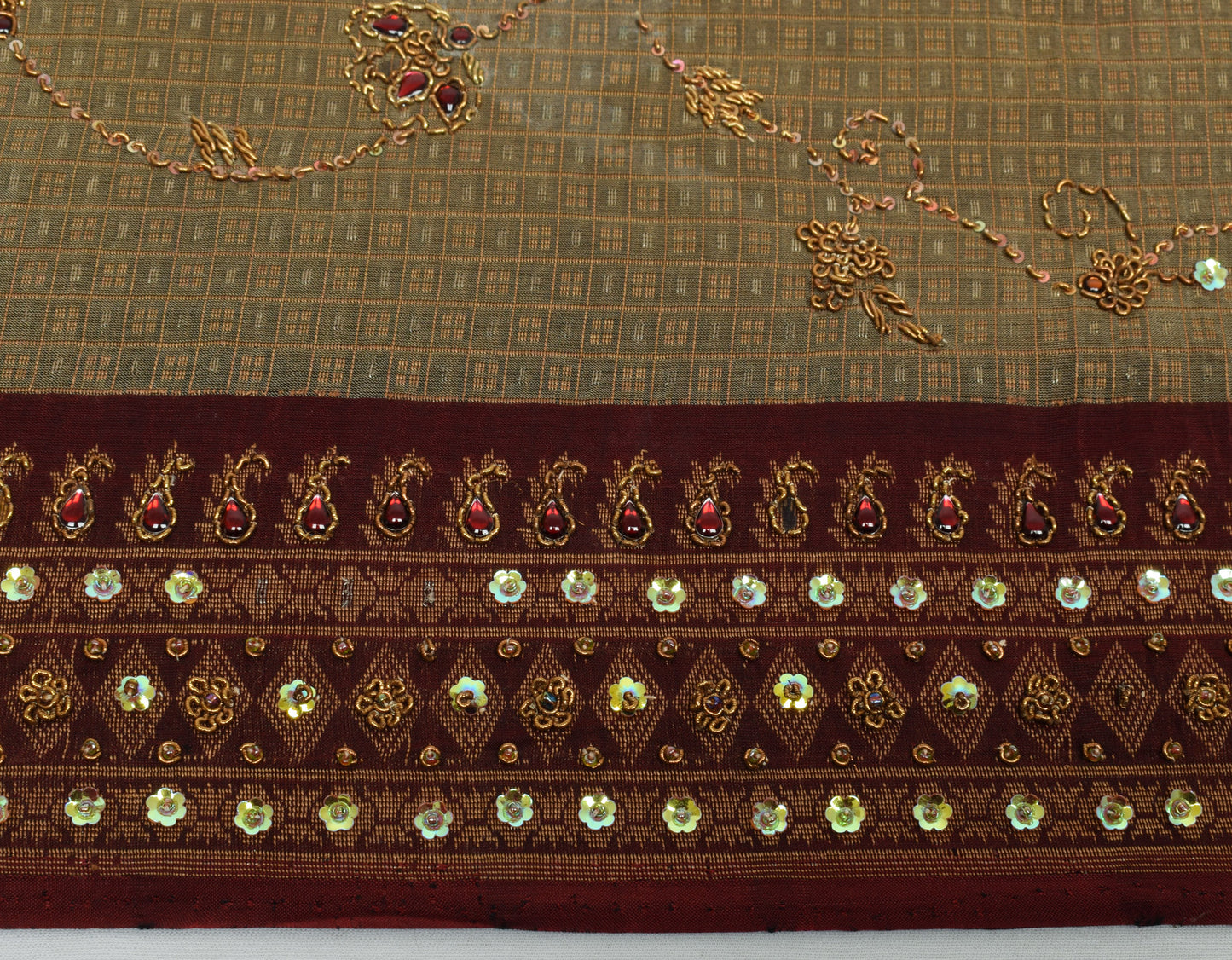 Sushila Vintage Gray HEAVY Sari Pure Silk Hand Beaded & Woven Floral Sari Fabric