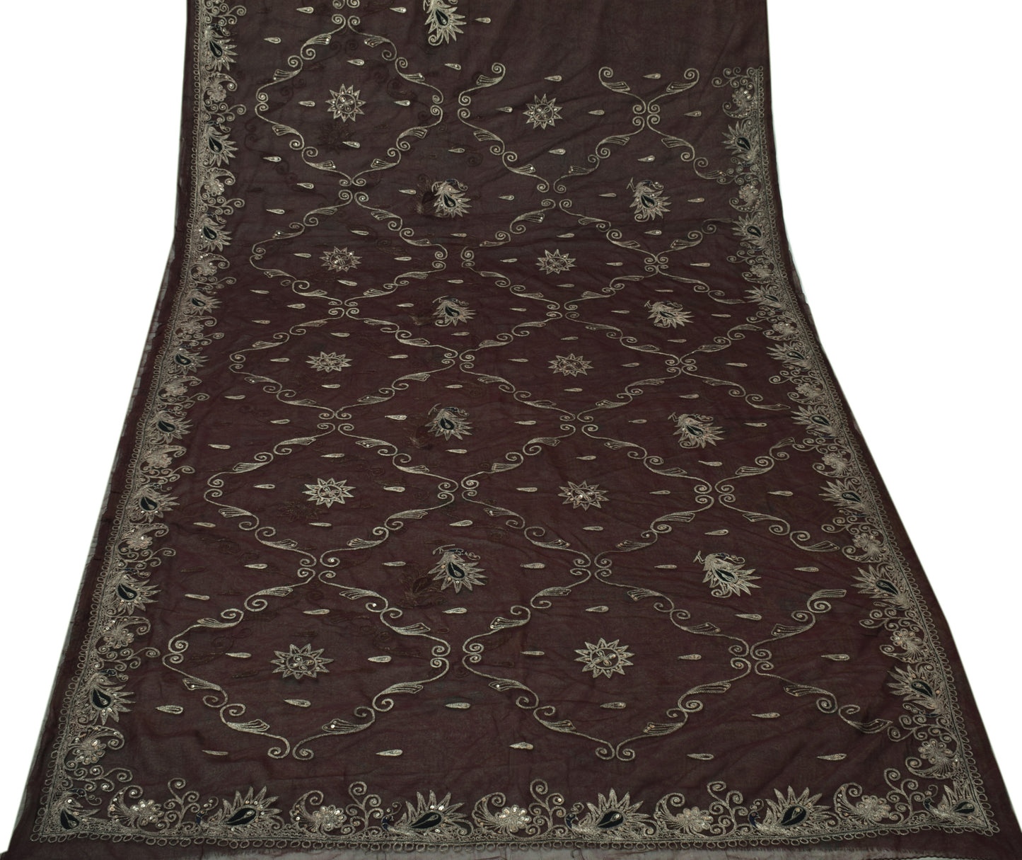 Sushila Vintage Brown Saree Blend Georgette Silk Embroidered Peacock Sari Fabric