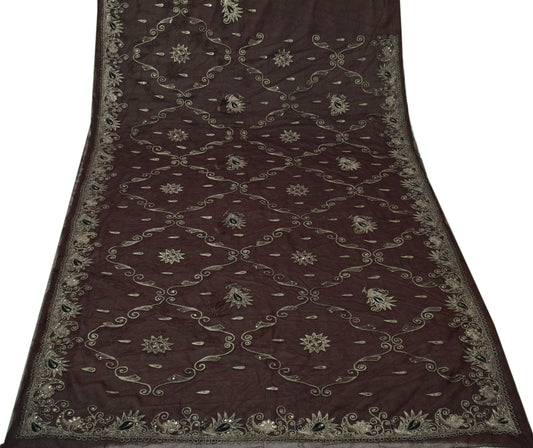 Sushila Vintage Brown Saree Blend Georgette Silk Embroidered Peacock Sari Fabric