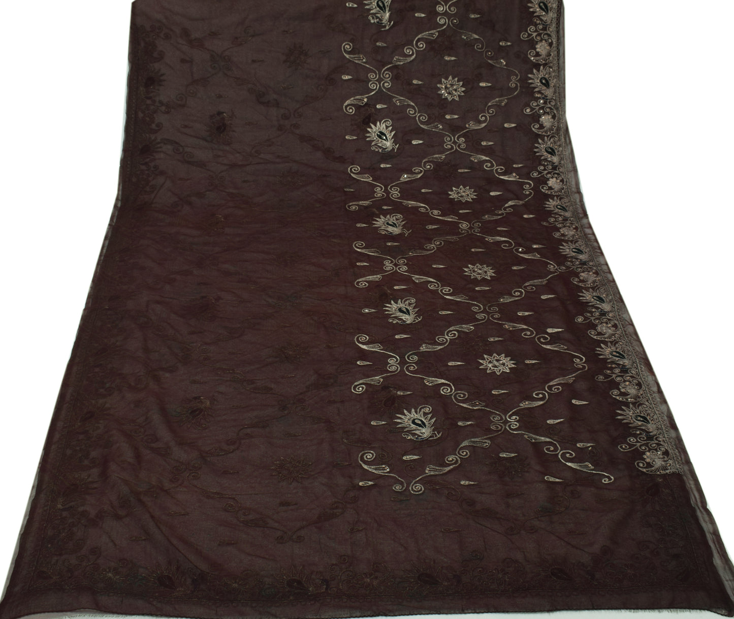 Sushila Vintage Brown Saree Blend Georgette Silk Embroidered Peacock Sari Fabric