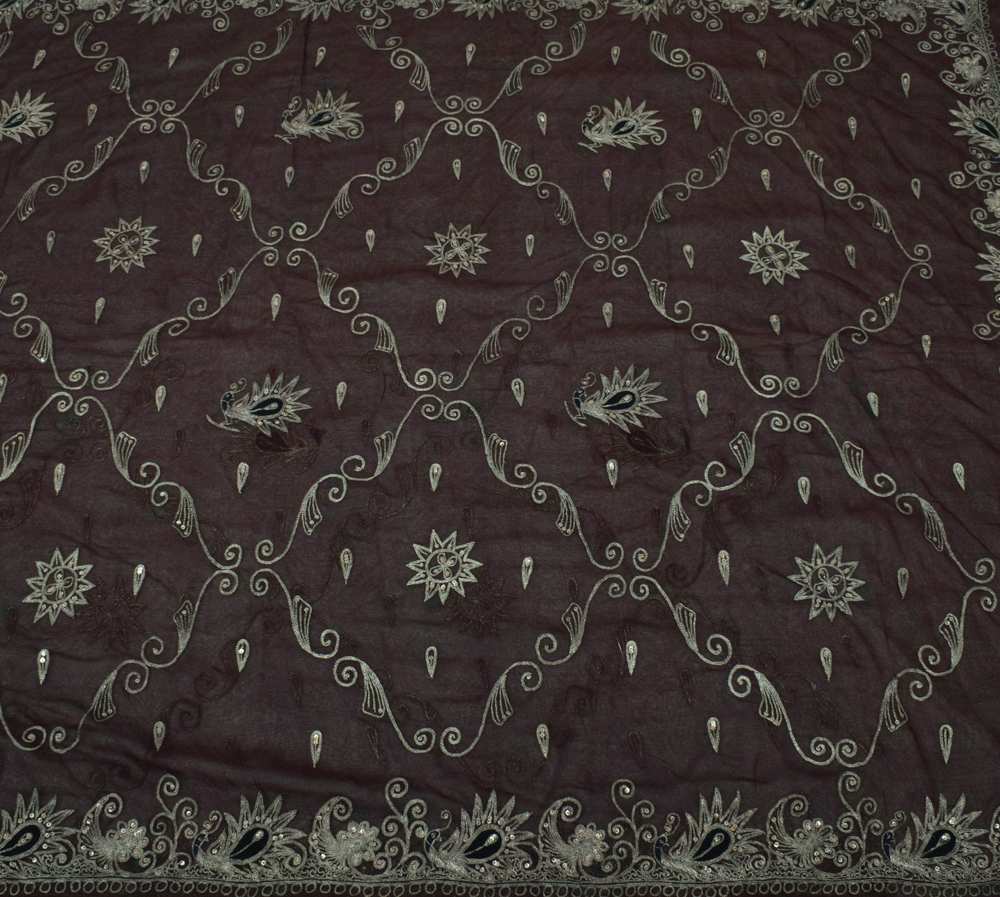 Sushila Vintage Brown Saree Blend Georgette Silk Embroidered Peacock Sari Fabric