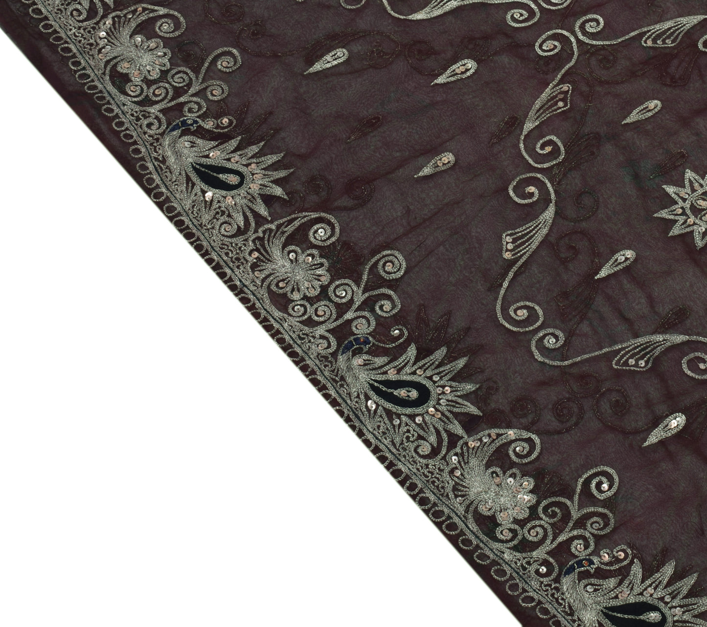 Sushila Vintage Brown Saree Blend Georgette Silk Embroidered Peacock Sari Fabric