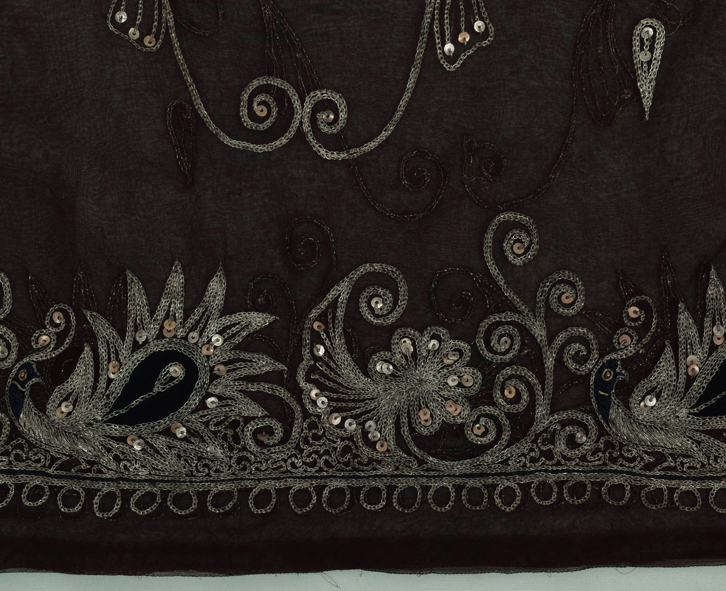 Sushila Vintage Brown Saree Blend Georgette Silk Embroidered Peacock Sari Fabric