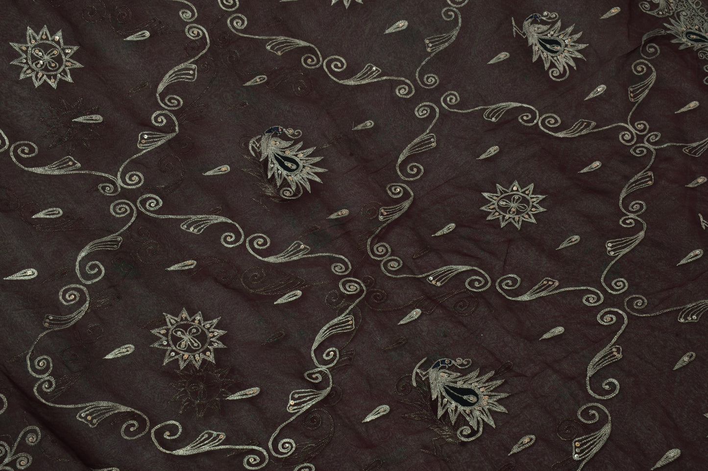 Sushila Vintage Brown Saree Blend Georgette Silk Embroidered Peacock Sari Fabric
