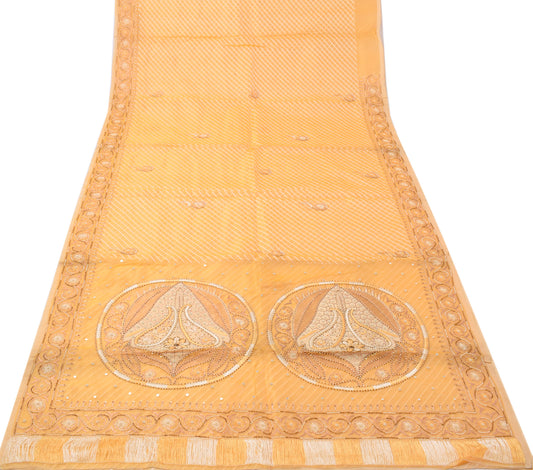 Sushila Vintage Cream Saree Pure Tissue Organza Silk Hand Beaded Sari Fabric