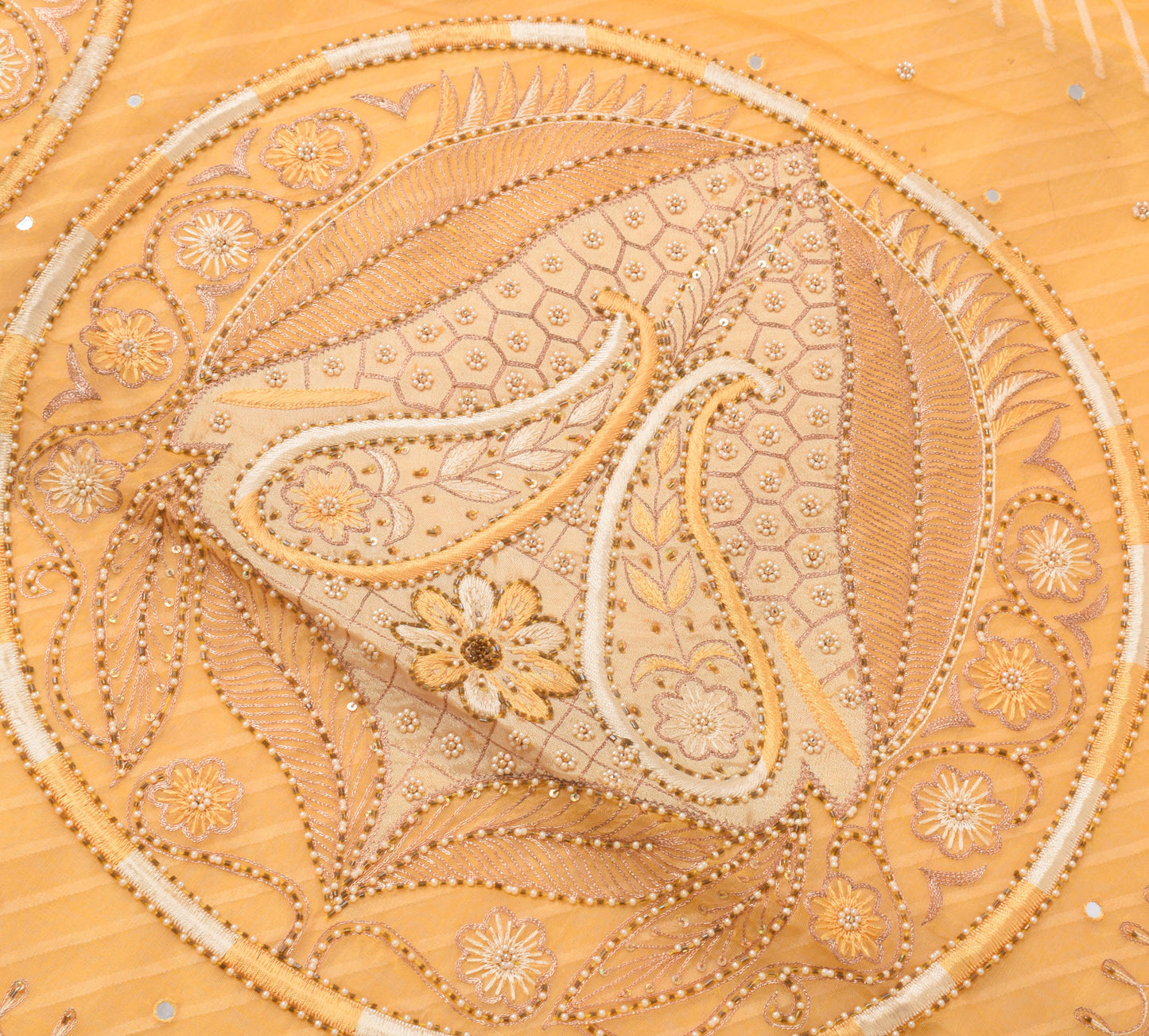 Sushila Vintage Cream Saree Pure Tissue Organza Silk Hand Beaded Sari Fabric