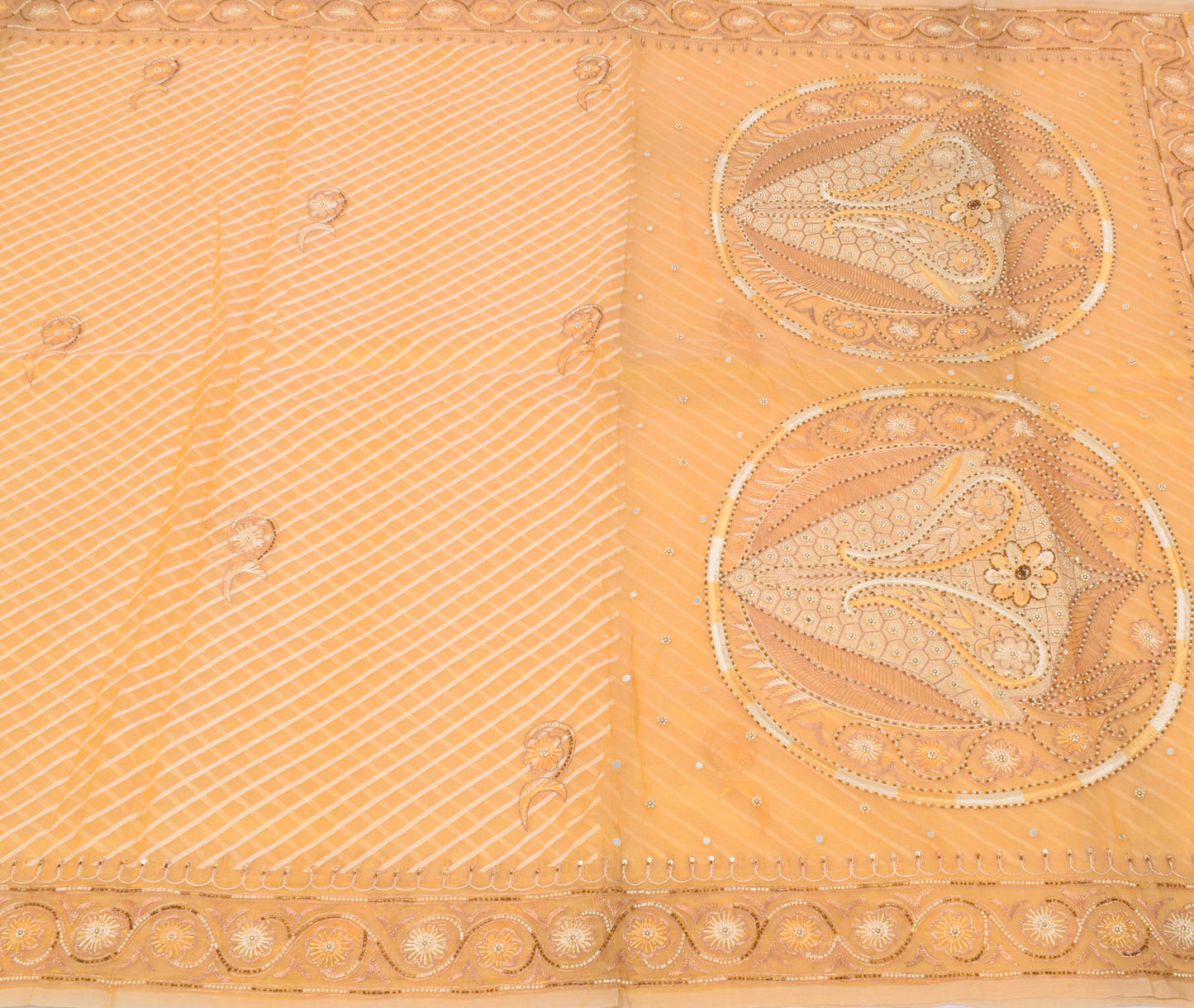 Sushila Vintage Cream Saree Pure Tissue Organza Silk Hand Beaded Sari Fabric