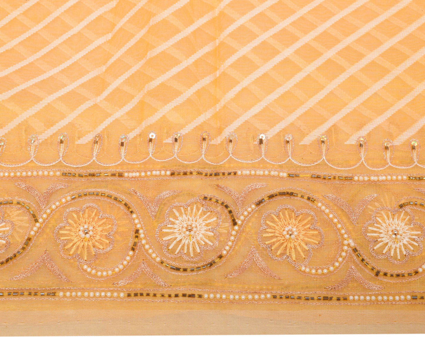Sushila Vintage Cream Saree Pure Tissue Organza Silk Hand Beaded Sari Fabric