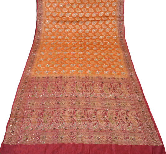 Sushila Vintage Mustard Saree Pure Tussar Silk Hand Beaded & Woven Paisley Sari Fabric