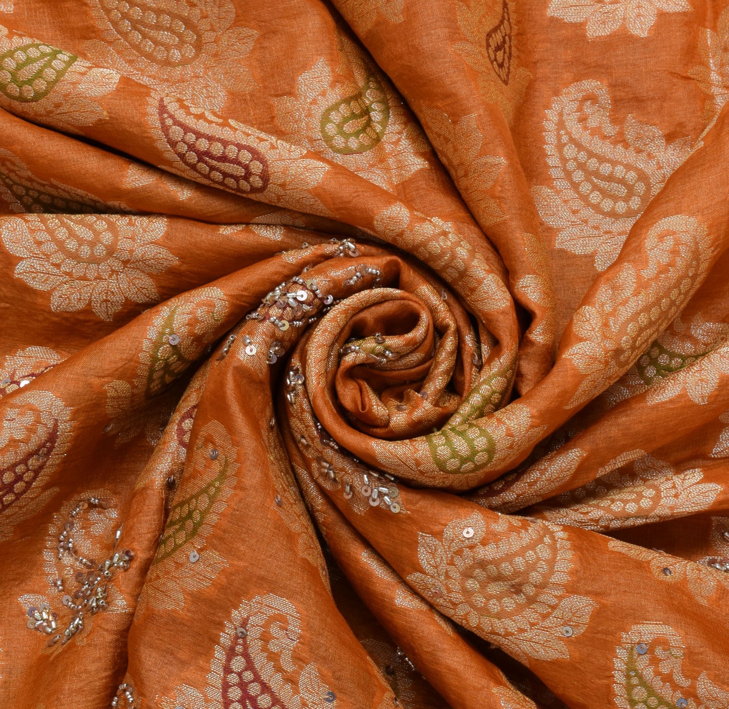 Sushila Vintage Mustard Saree Pure Tussar Silk Hand Beaded & Woven Paisley Sari Fabric