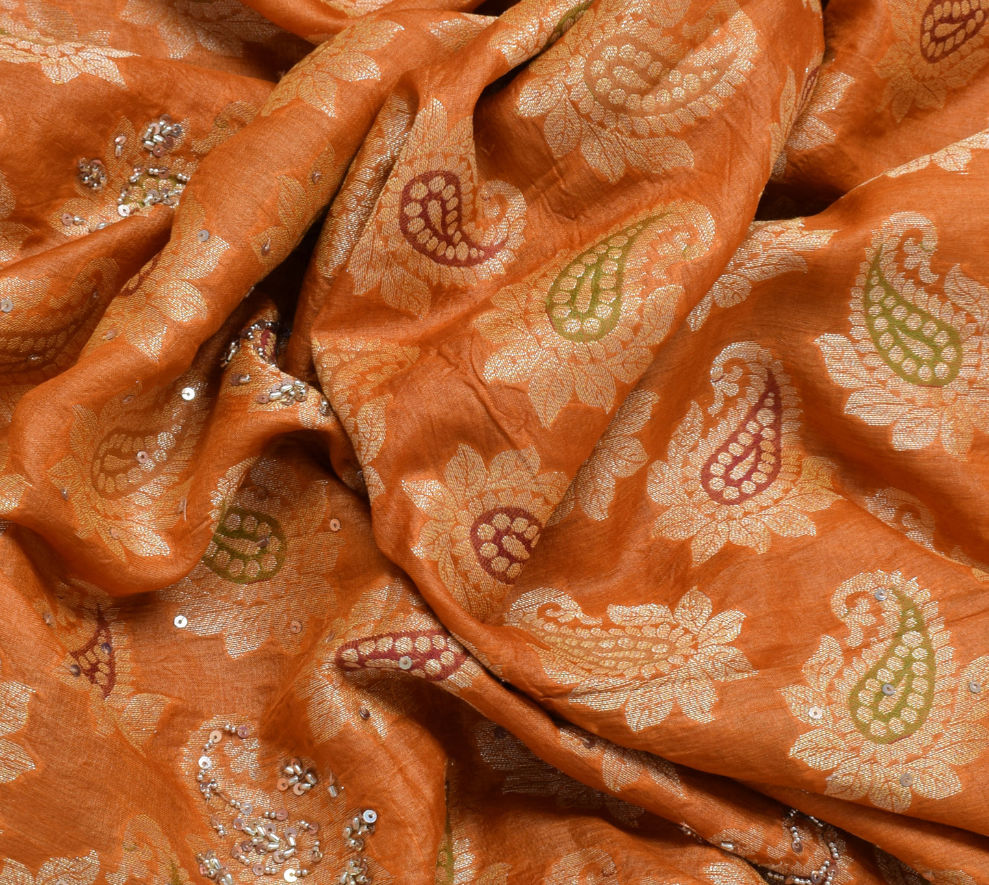 Sushila Vintage Mustard Saree Pure Tussar Silk Hand Beaded & Woven Paisley Sari Fabric