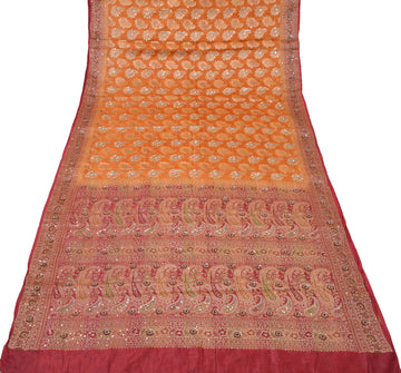 Sushila Vintage Mustard Saree pure Silk Hand Beaded & Woven Paisley Sari Fabric