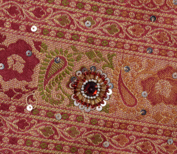 Sushila Vintage Mustard Saree pure Silk Hand Beaded & Woven Paisley Sari Fabric