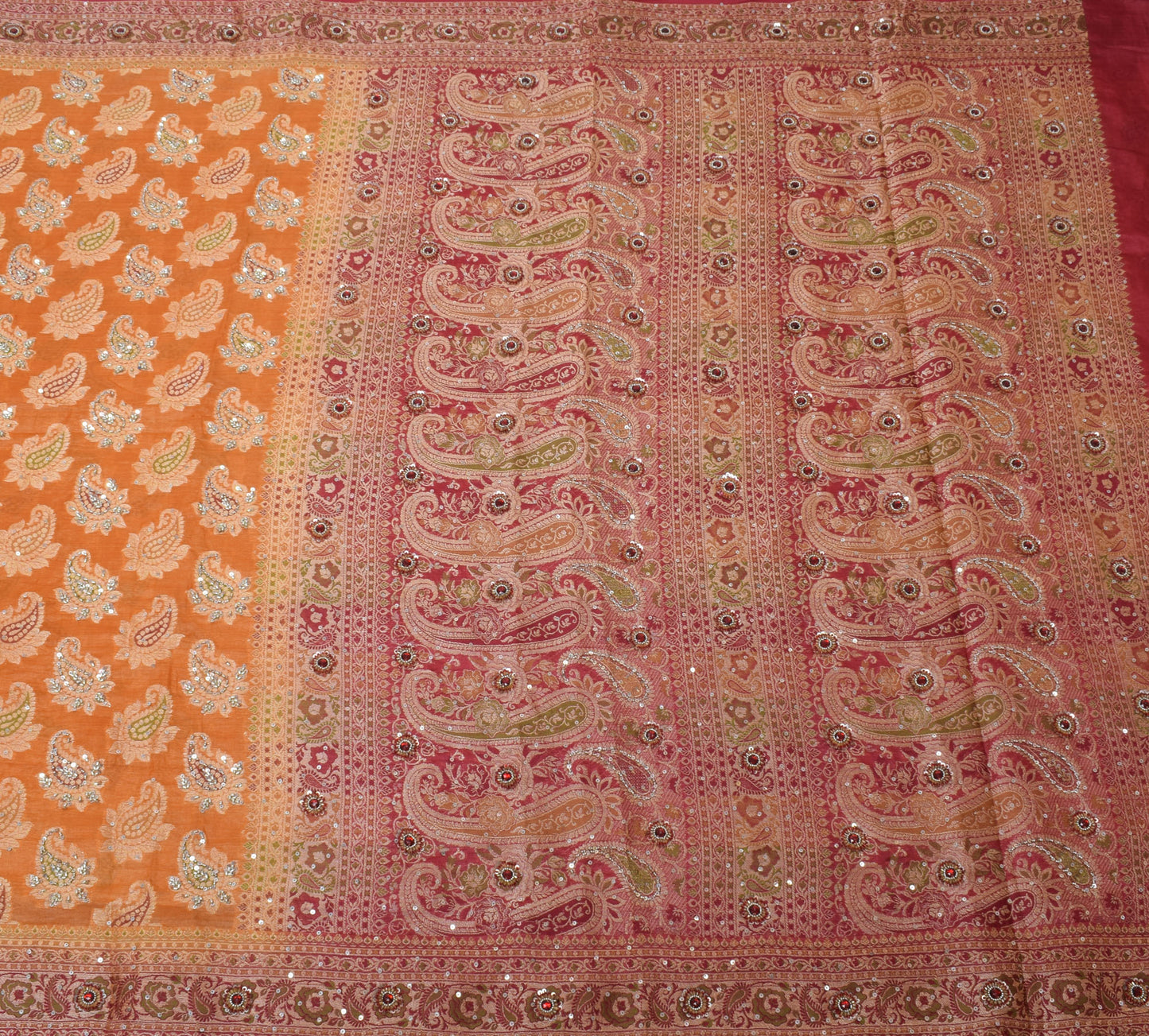 Sushila Vintage Mustard Saree Pure Tussar Silk Hand Beaded & Woven Paisley Sari Fabric