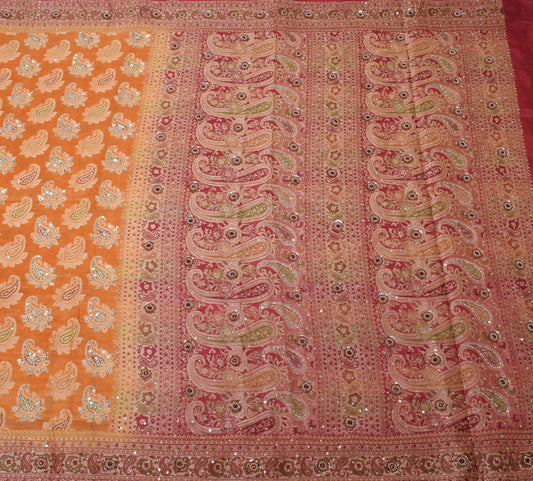 Sushila Vintage Mustard Saree Pure Tussar Silk Hand Beaded & Woven Paisley Sari Fabric