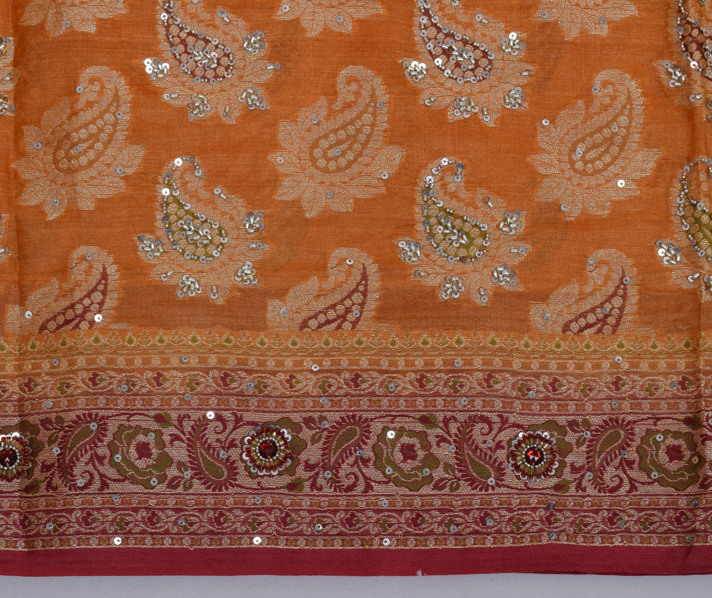 Sushila Vintage Mustard Saree Pure Tussar Silk Hand Beaded & Woven Paisley Sari Fabric