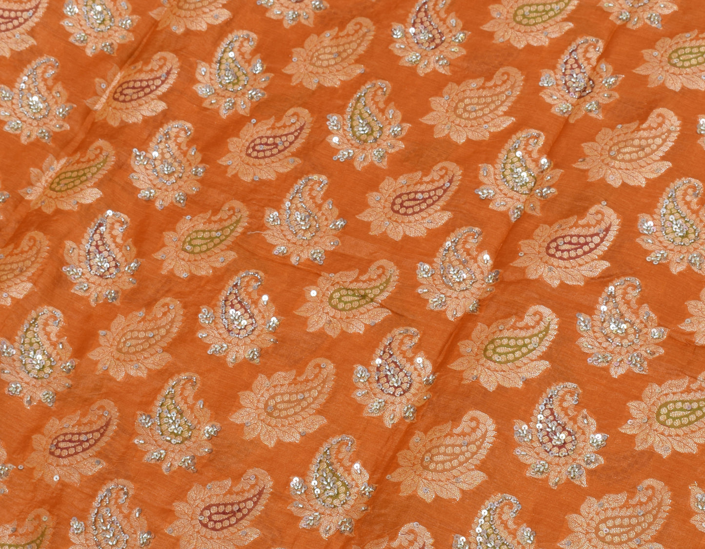 Sushila Vintage Mustard Saree Pure Tussar Silk Hand Beaded & Woven Paisley Sari Fabric