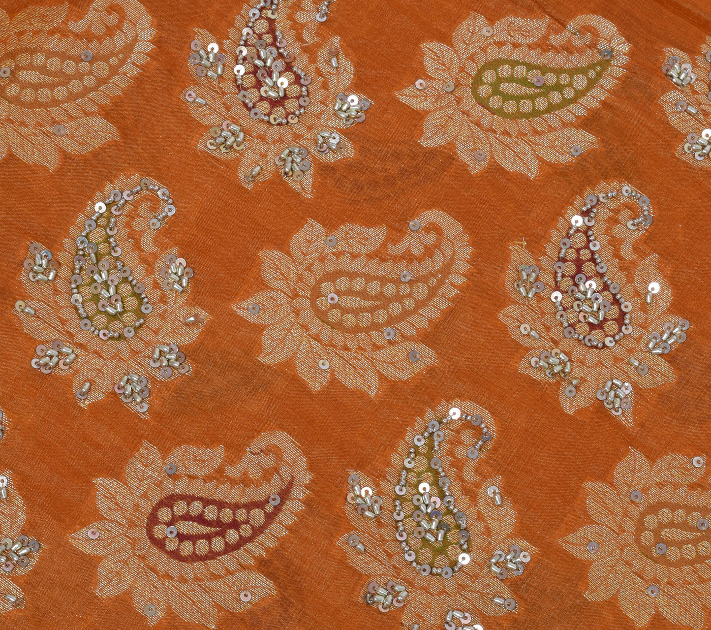 Sushila Vintage Mustard Saree Pure Tussar Silk Hand Beaded & Woven Paisley Sari Fabric
