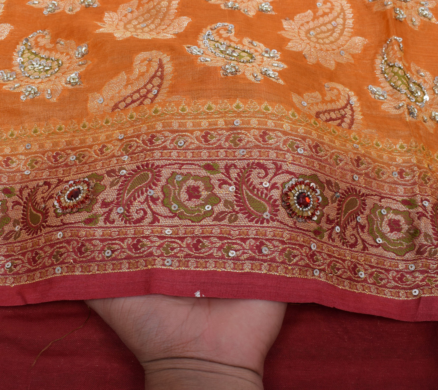 Sushila Vintage Mustard Saree Pure Tussar Silk Hand Beaded & Woven Paisley Sari Fabric