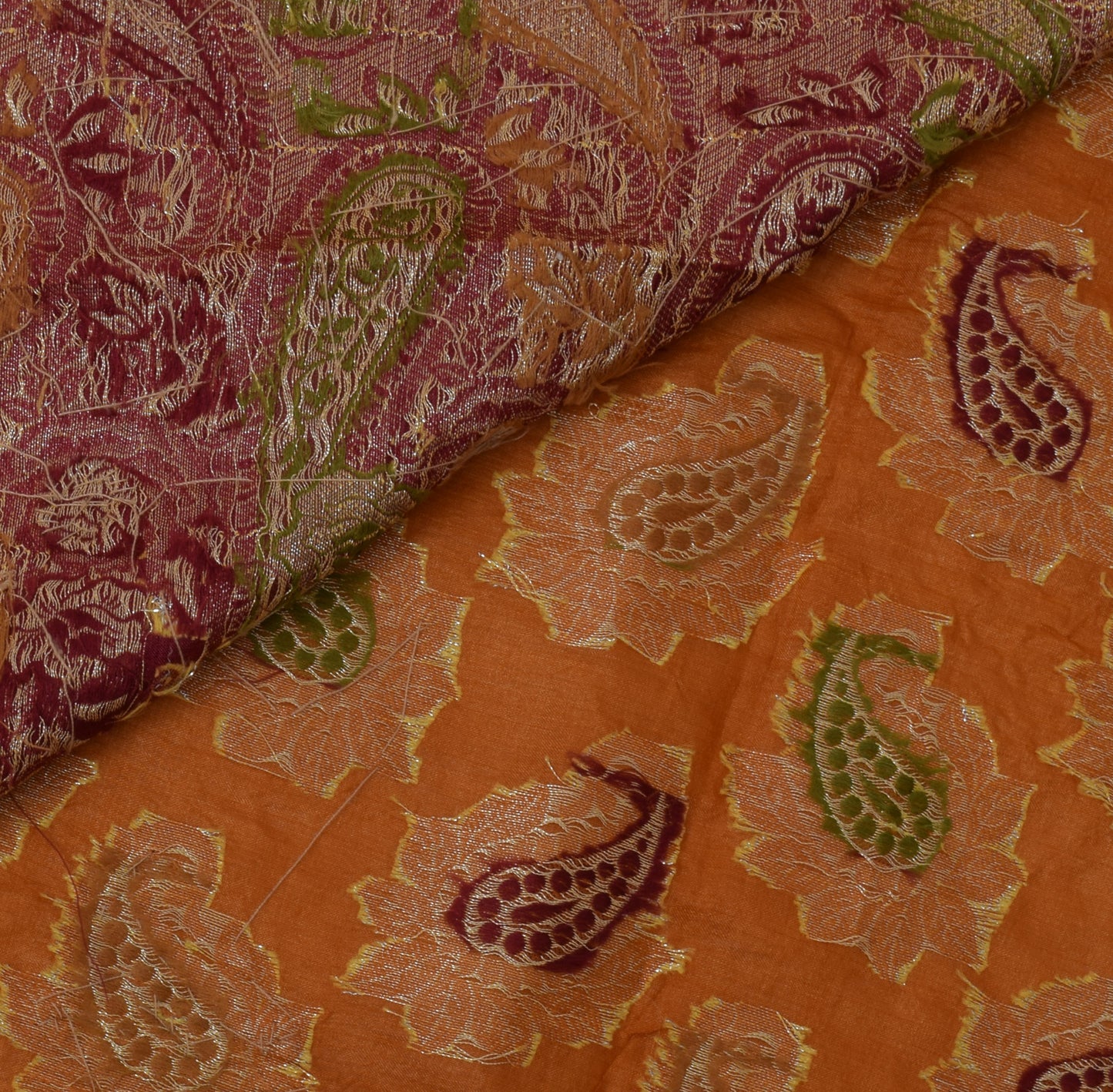 Sushila Vintage Mustard Saree Pure Tussar Silk Hand Beaded & Woven Paisley Sari Fabric