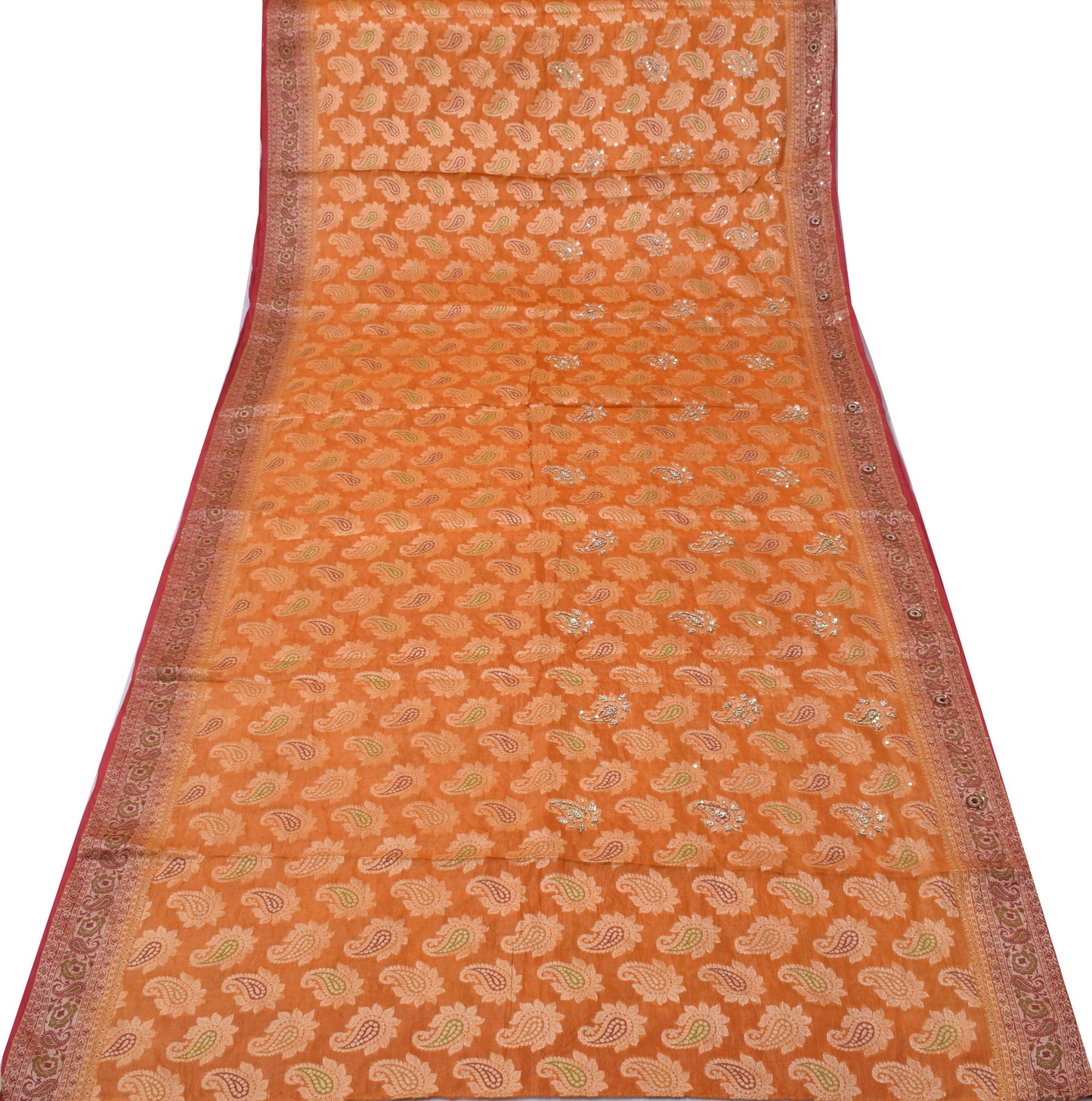 Sushila Vintage Mustard Saree Pure Tussar Silk Hand Beaded & Woven Paisley Sari Fabric