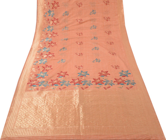 Sushila Vintage Peach Saree Pure Cotton All Over Woven Floral Sari Decor Fabric