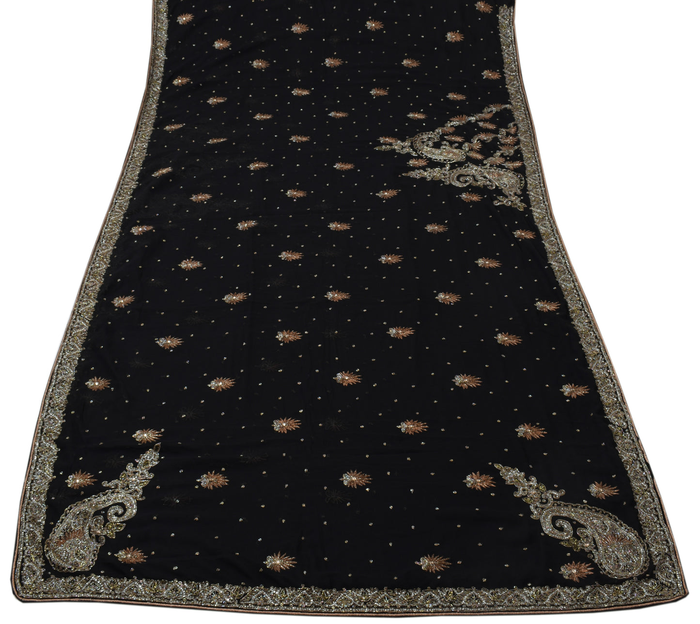 Sushila Vintage HEAVY Black Saree Art Georgette Silk Embellish Glass Beads Sari Craft Fabric